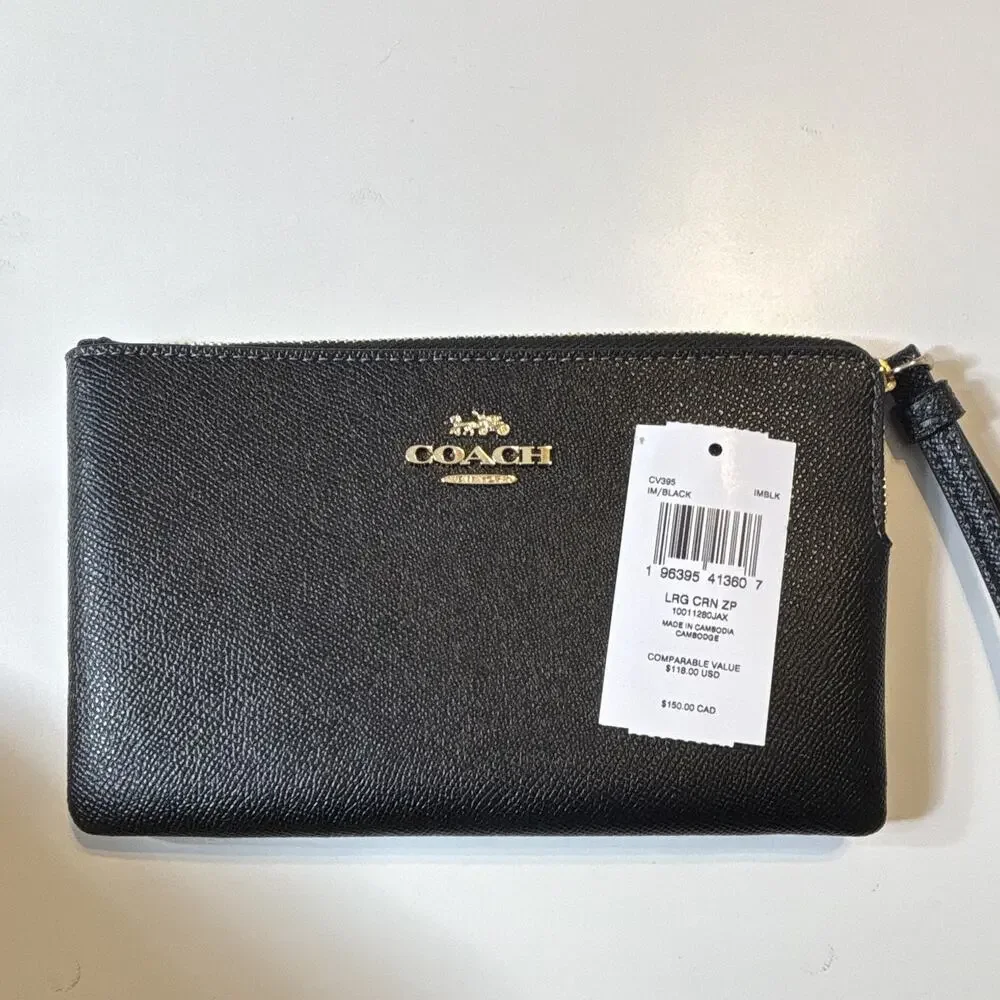 Coach Black Solid Zip Wristlet Wallet w/ Wrist Strap Logo Accent for Women